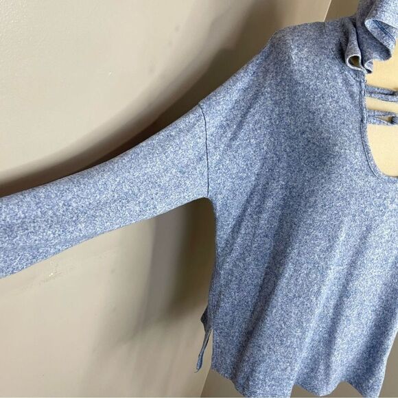 Women Sweatshirt Large Hoodie Blue Long Sleeve Hi-Low Poof New York - Picture 5 of 13